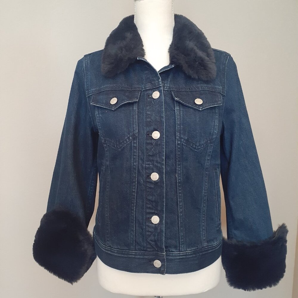 J. Crew Dark Blue Jean Jacket with Black Faux Fur Trim